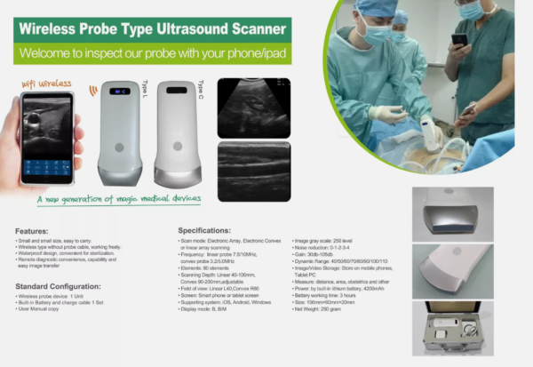 3.5-5MHZ Wireless Ultrasound Probe WIFI Scanner 128 Element For iOS Android Win