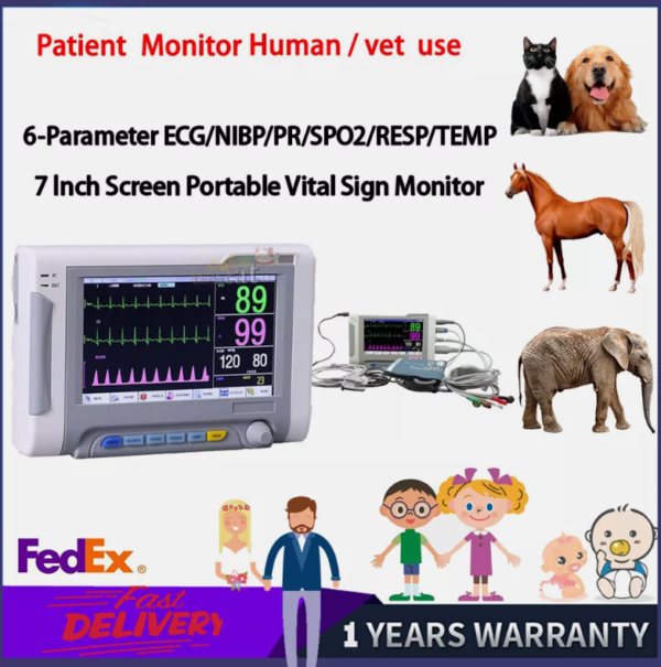 7 Inch Human/Pet Portable Monitor ECG/NIBP/PR/SPO2/RESP/TEMP Vital Signs Monitor